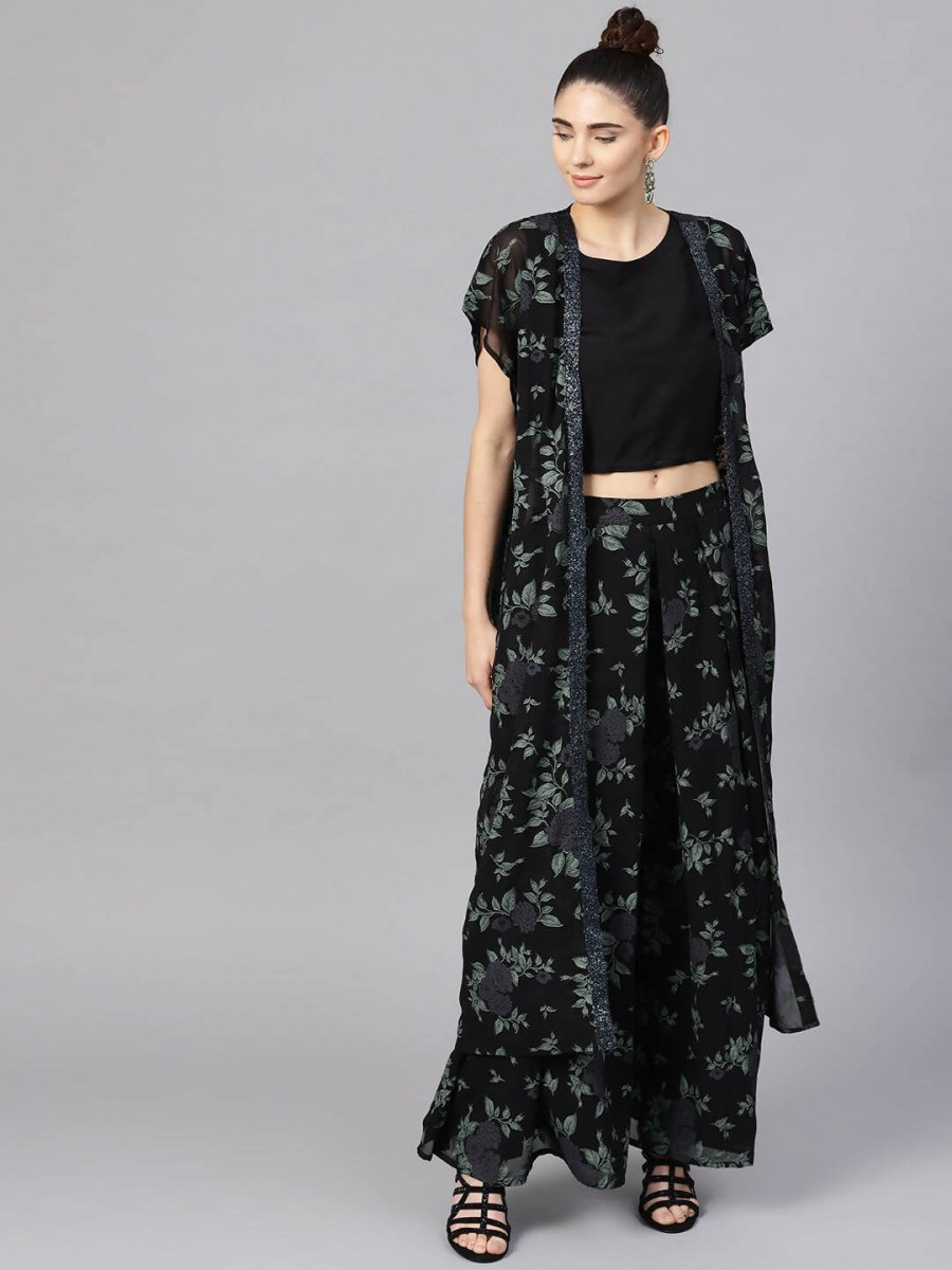 Ahalyaa Black Georgette Crepe Printed Top Palazzo Set With Jacket - Distacart