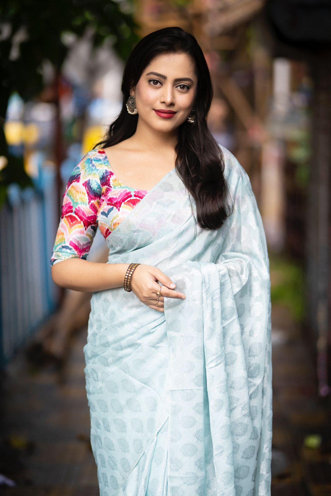 Blue Poly Crepe Ethnic Motifs Saree with Unstitched Blouse - A2M - Distacart