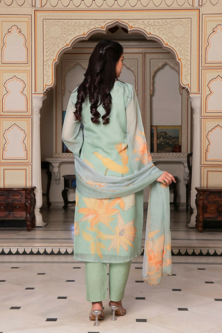 Vaasva Women Teal Green Tabby Slik Print & Embroidered Kurta, Pant & Dupatta set - Distacart