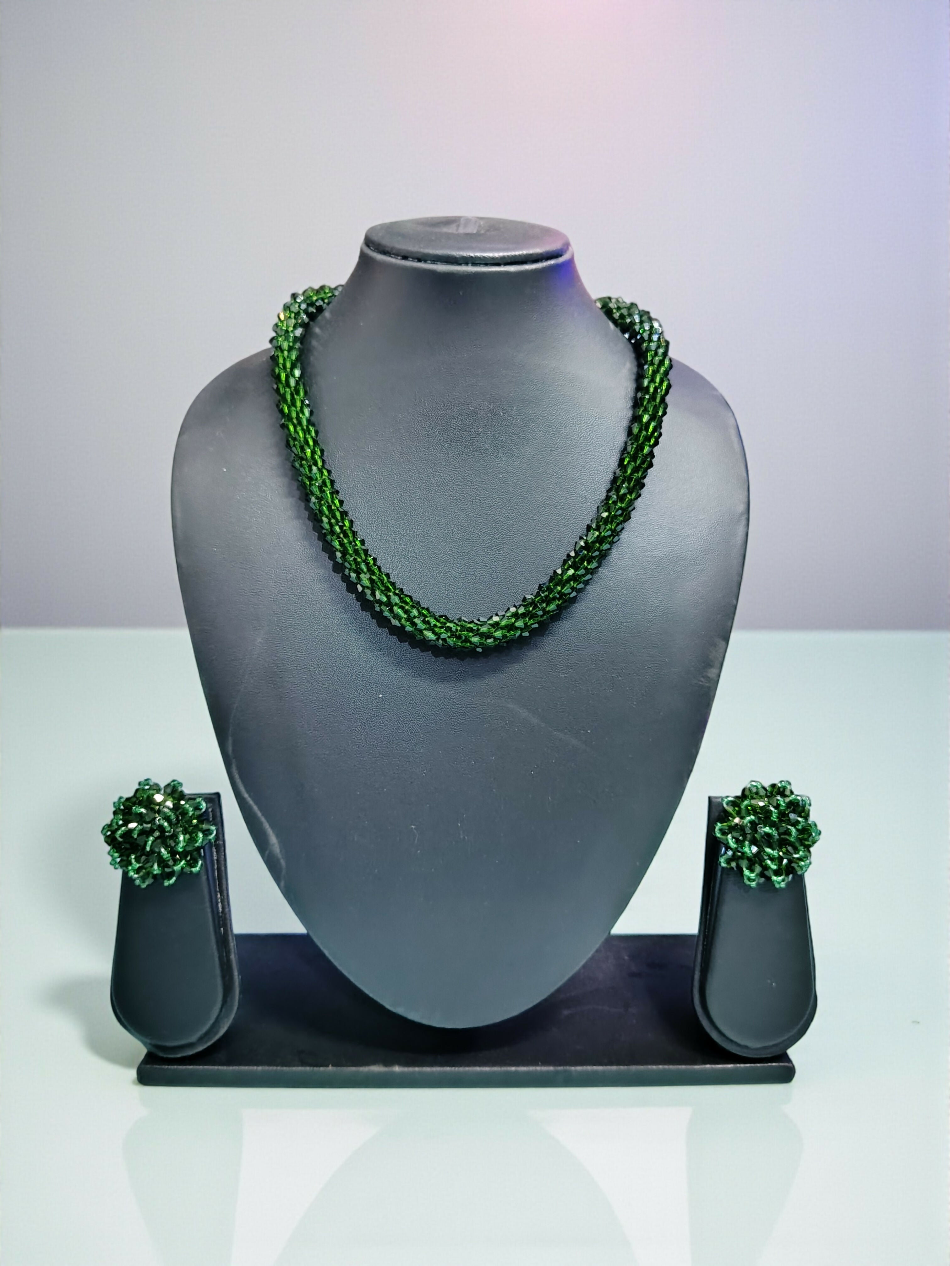 Inhanns Noor-E-Jalwa – Handmade Crystal Bead Necklace / Necklace With Earrings -Adjustable - Dark Green - Distacart