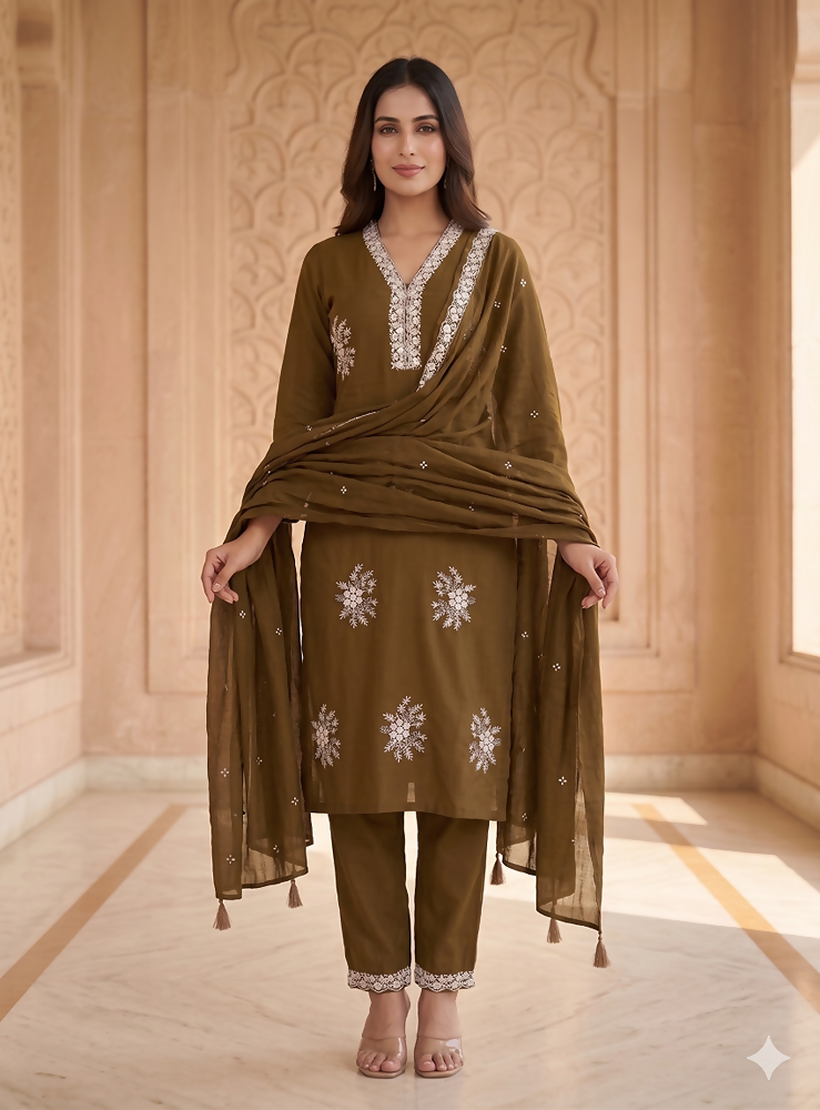 Teeya Creation Vibrant Gold Embroidered Kurti with Pant and Dupatta Set - Dista