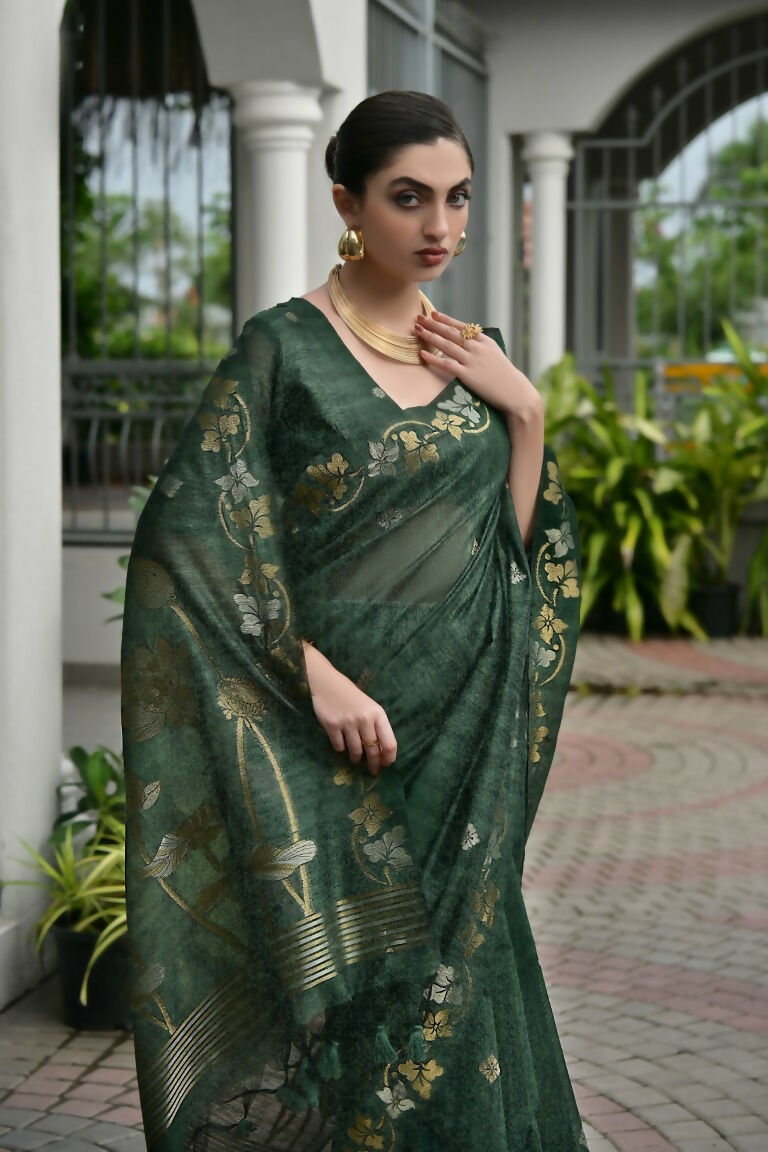 Vishnu Weaves Women's Green Linen Silk Zari Weaving Saree with Blouse