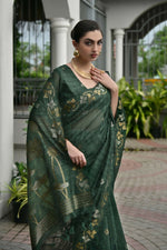 Thumbnail for Vishnu Weaves Women's Green Linen Silk Zari Weaving Saree with Blouse