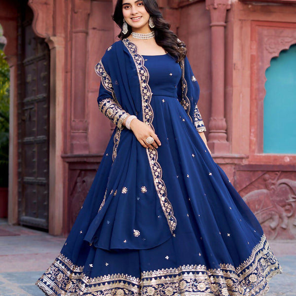 The52 Women's Beautiful Faux Georgette Fabric Embroidery Work Flared Anarkali Pant and Dupatta Set - Distacart