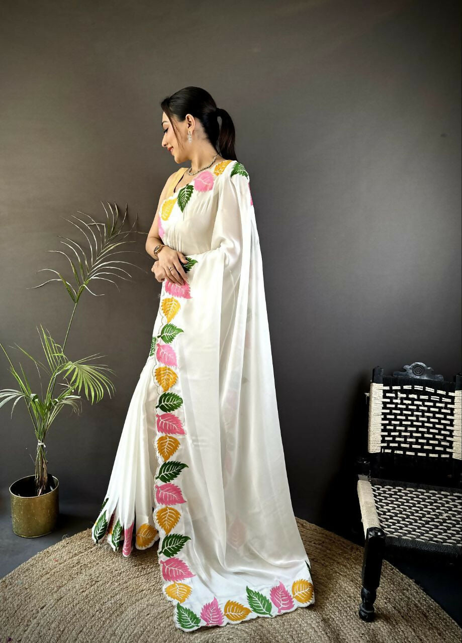 Prime Volt Multicolor Leaf Embroidery Rangoli Silk Saree with Scalloped Border-White - Dista