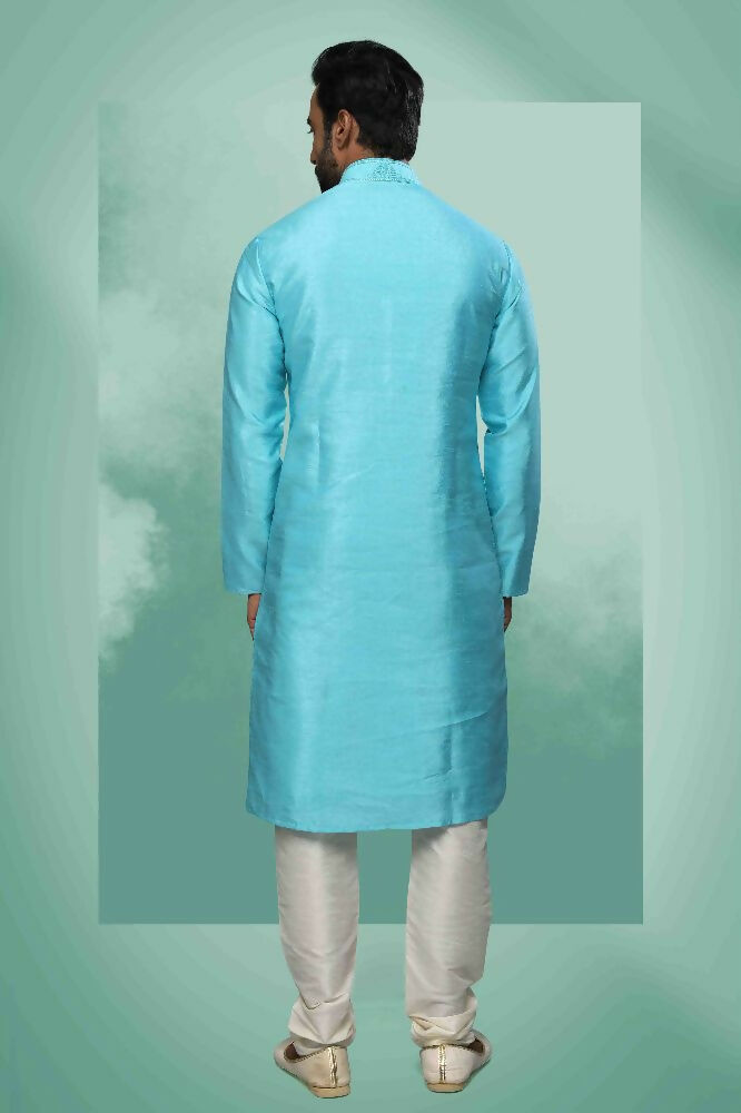 Raivat Ethnic Art Silk Mirror Embroidery Work Kurta Pajama In Sky Blue Colour - Dista