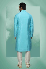 Thumbnail for Raivat Ethnic Art Silk Mirror Embroidery Work Kurta Pajama In Sky Blue Colour - Dista