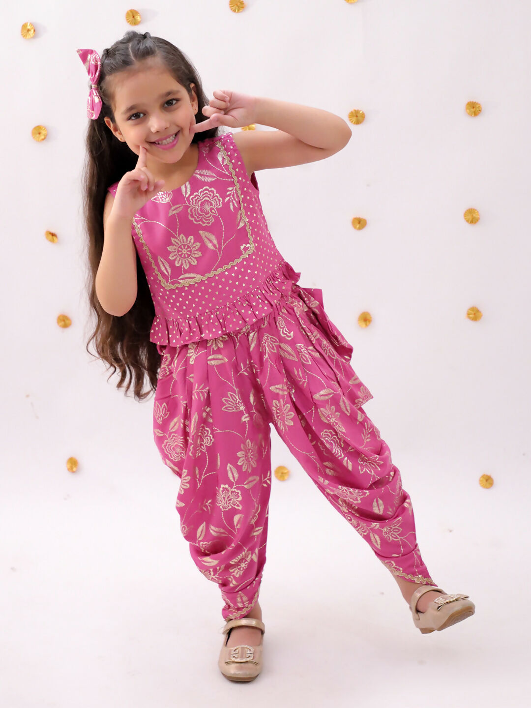 Lil Drama Khilkhilahat Pink Top and Dhoti Set For Girls