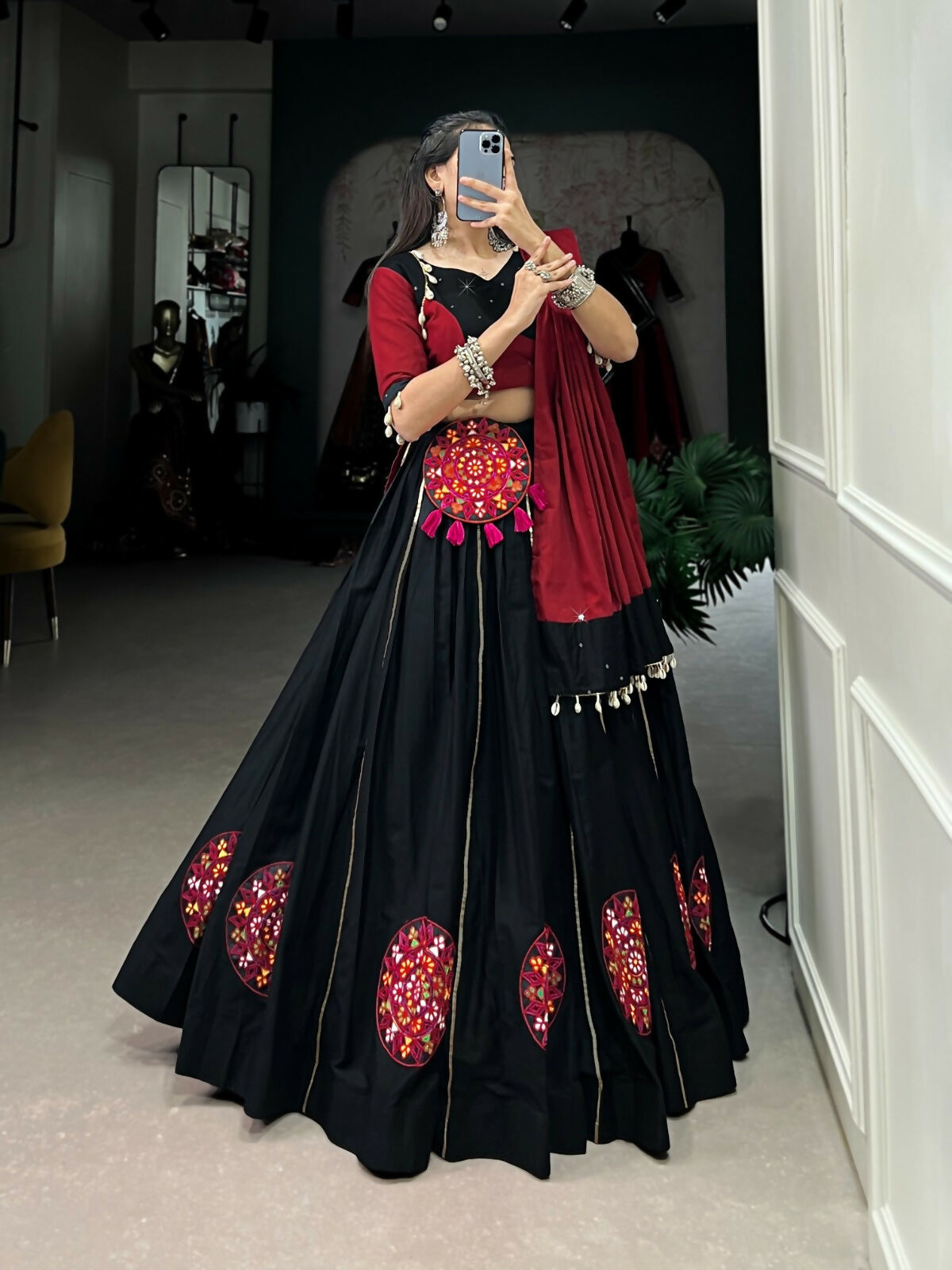 Vastranavya Navaratri Special Pure Cotton Gamthi Patch Work With Gota Patti Touch Up Lehenga Stitched Choli - Black - Distacart