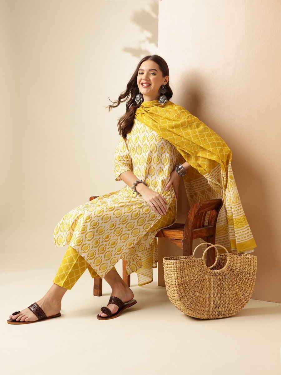 Anouk Yellow and White Ethnic Motifs Printed Pure Cotton Kurta with Trouser & Dupatta - Distacart