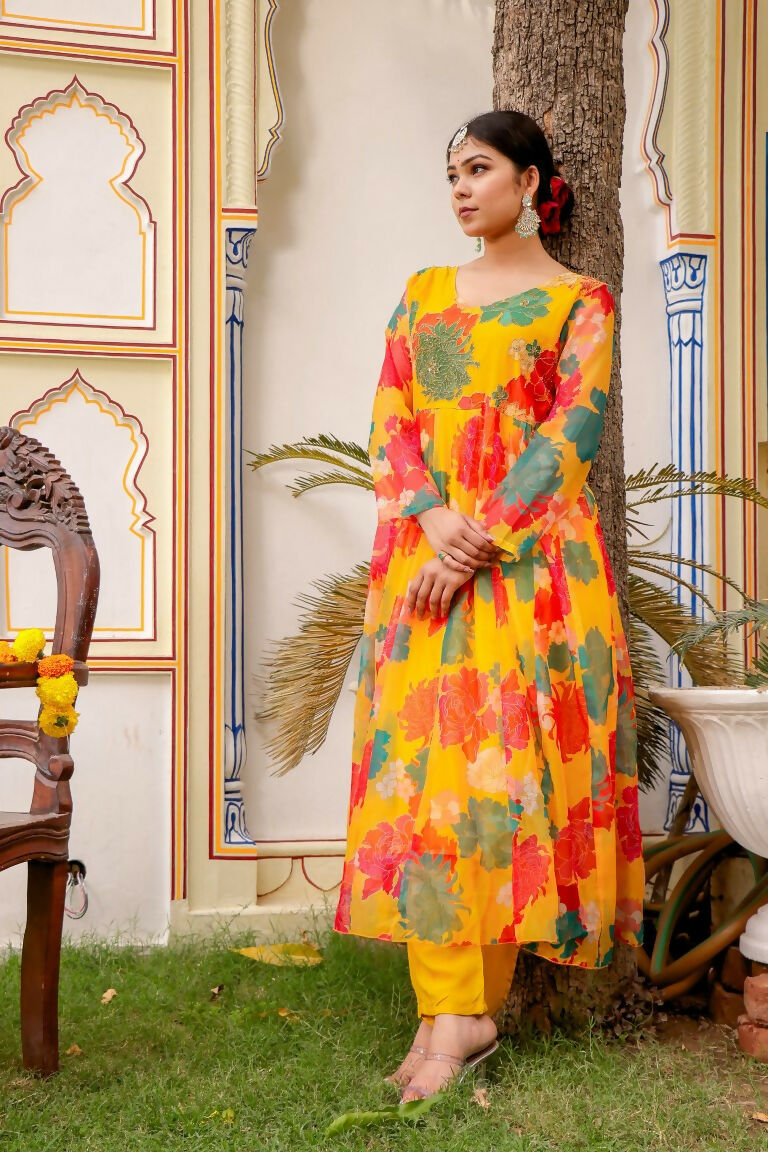 Vaasva Women Mustard Organza Multi Floral Print & Embroidered Anarkali Kurta, Pant & Dupatta set - Distacart