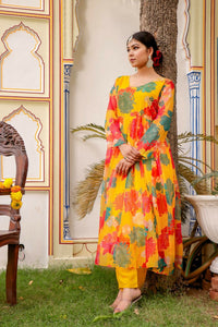 Thumbnail for Vaasva Women Mustard Organza Multi Floral Print & Embroidered Anarkali Kurta, Pant & Dupatta set - Distacart