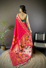 Thumbnail for Joban Fashion Rani Pink Zari Woven Floral Motifs Soft Silk Paithani Silk Saree - Distacart
