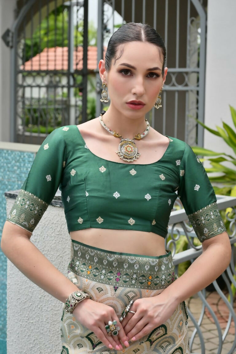 Vishnu Weaves Women's Green Banarasi Silk Patola Zari Woven Saree with Blouse