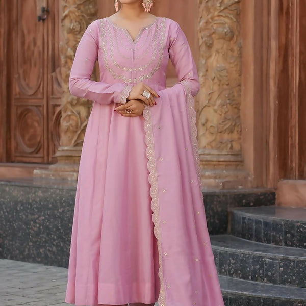The52 Pink Women's Gorgeous Vichitra Silk Fabric Embroidered Work Flared Anarkali Pant and Dupatta Set