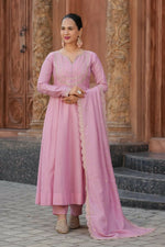 Thumbnail for The52 Pink Women's Gorgeous Vichitra Silk Fabric Embroidered Work Flared Anarkali Pant and Dupatta Set