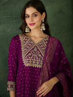 Thumbnail for The52 Wine Women's Gorgeous Embroidered Work Vichitra Silk Fabric Flared Kurta Pant and Dupatta Set - Distacart