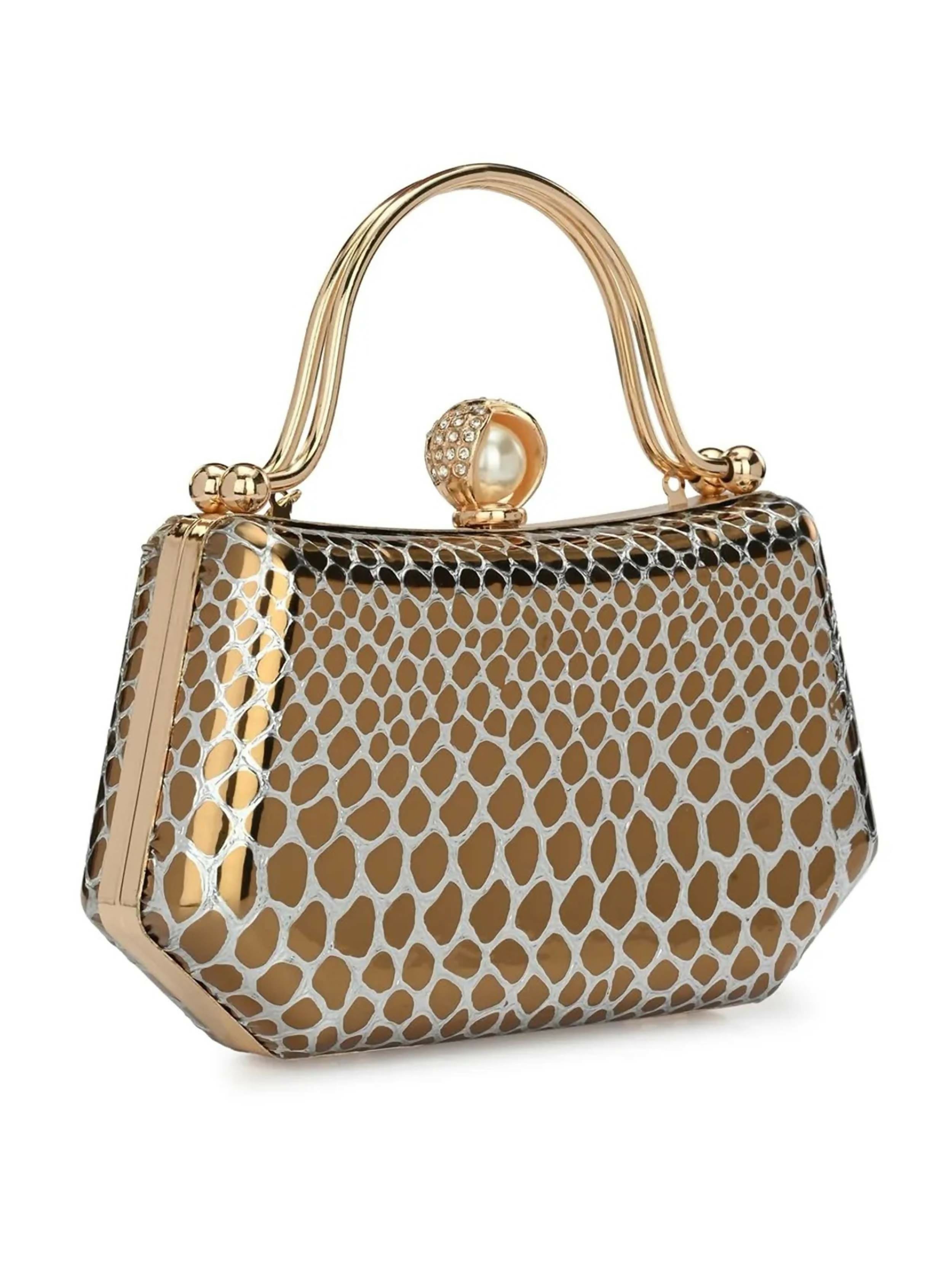 Joban Fashion Printed Embellished Box Clutch - Golden