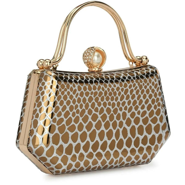 Joban Fashion Printed Embellished Box Clutch - Golden - Dista