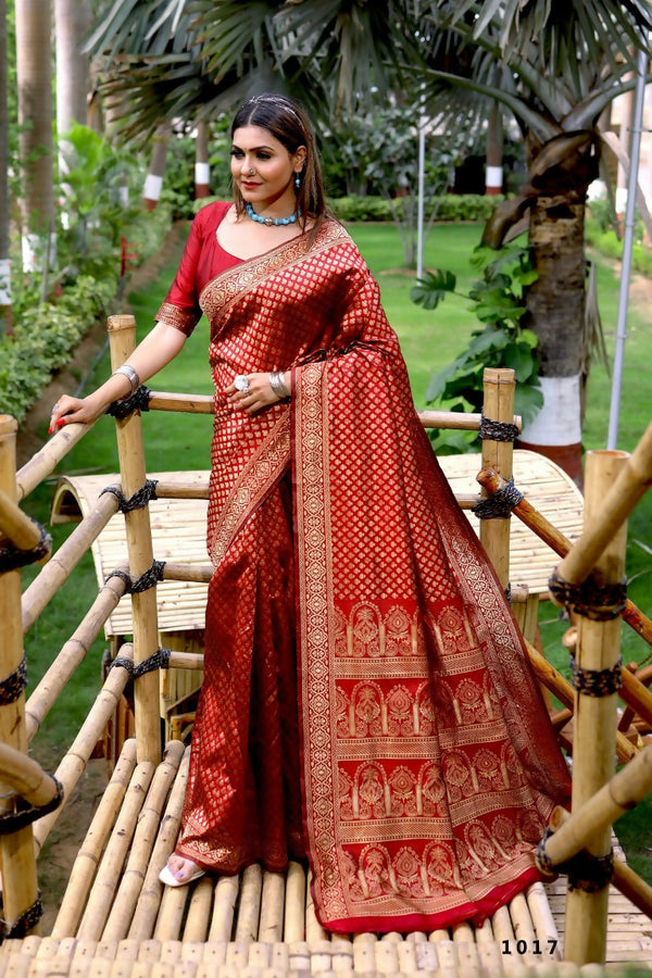 Partywear Designer Red Banarasi Silk Fancy Saree - Starwalk - Distacart