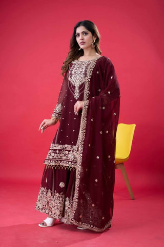 Teeya Creation Maroon Color Faux georgette Embroidery Work Sharara Set