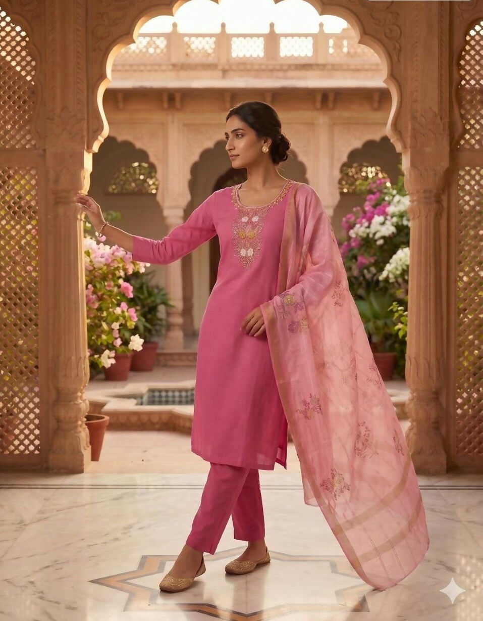 Teeya Creation Womens New Fancy Premium Mul Chanderi Kurta Set - Pink - Dista