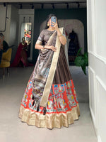 Thumbnail for Vastranavya Kalamkari Print With Weaving Border Lehenga with Unstitched Blouse - Brown - Distacart