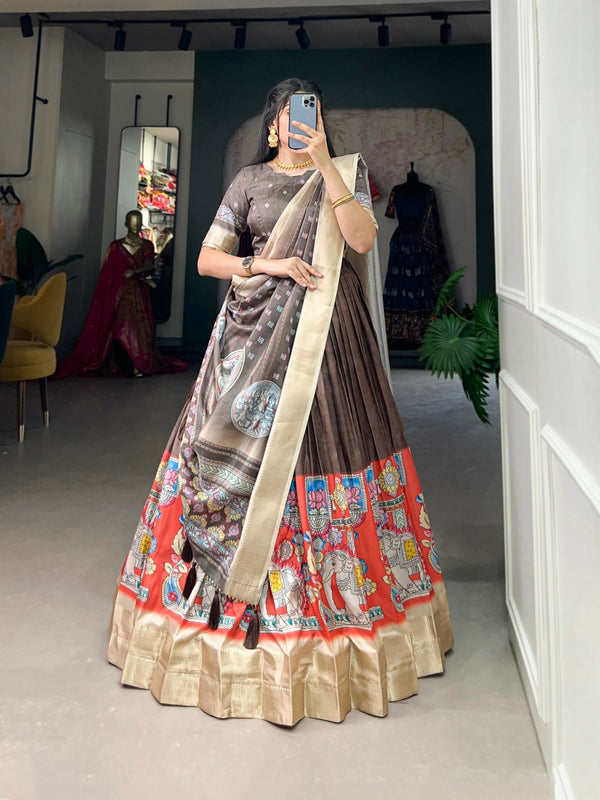 Vastranavya Kalamkari Print With Weaving Border Lehenga with Unstitched Blouse - Brown - Distacart