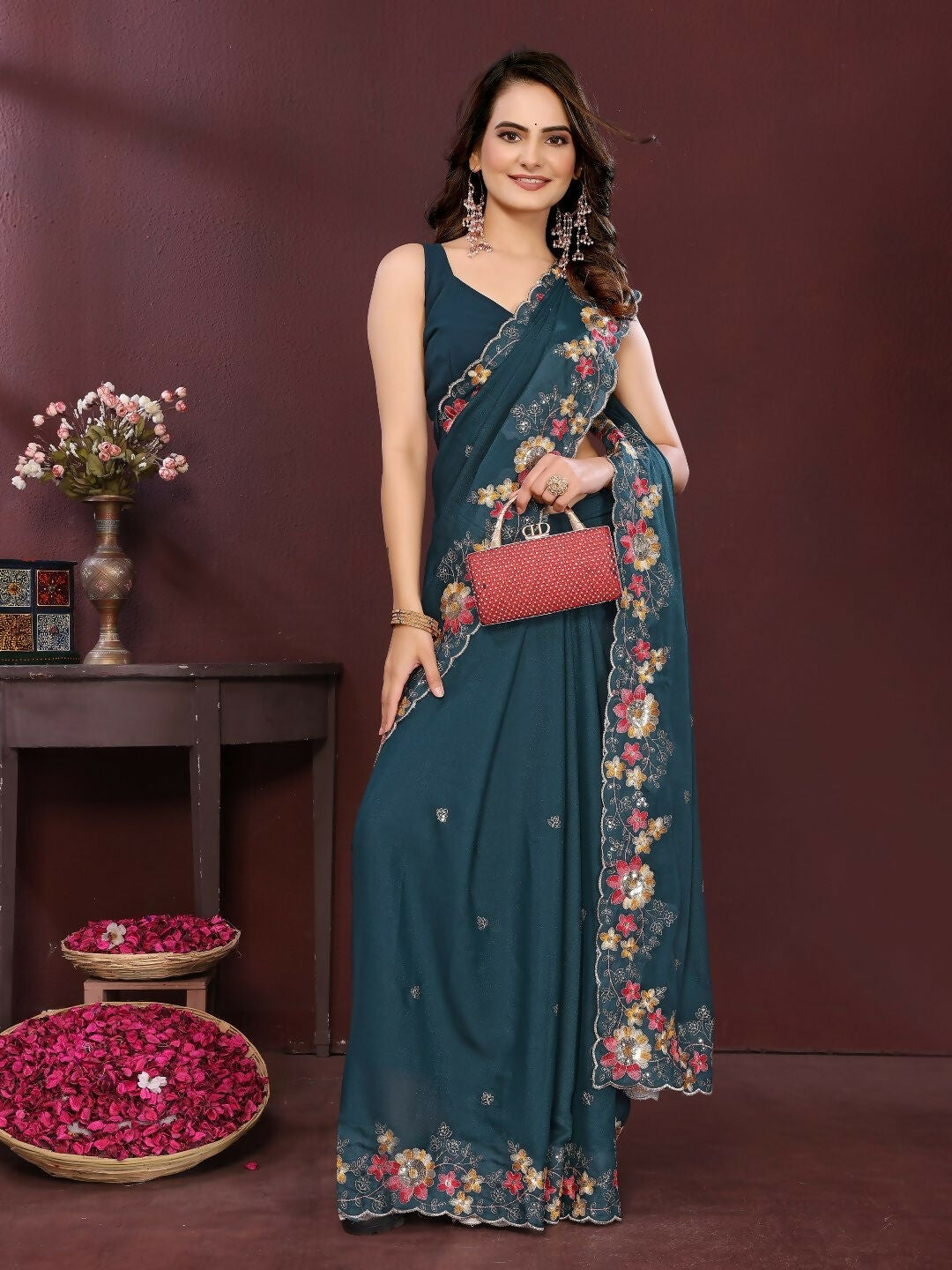 Ai Fashion Teal Soft Star Georgette Embroidery Party Wear Saree