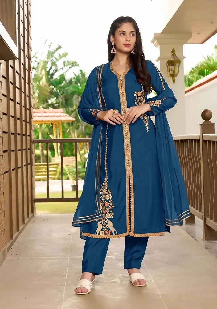 Nikhaar Royal Blue Embroidered Art Silk A Line Readymade Pakistani Suit