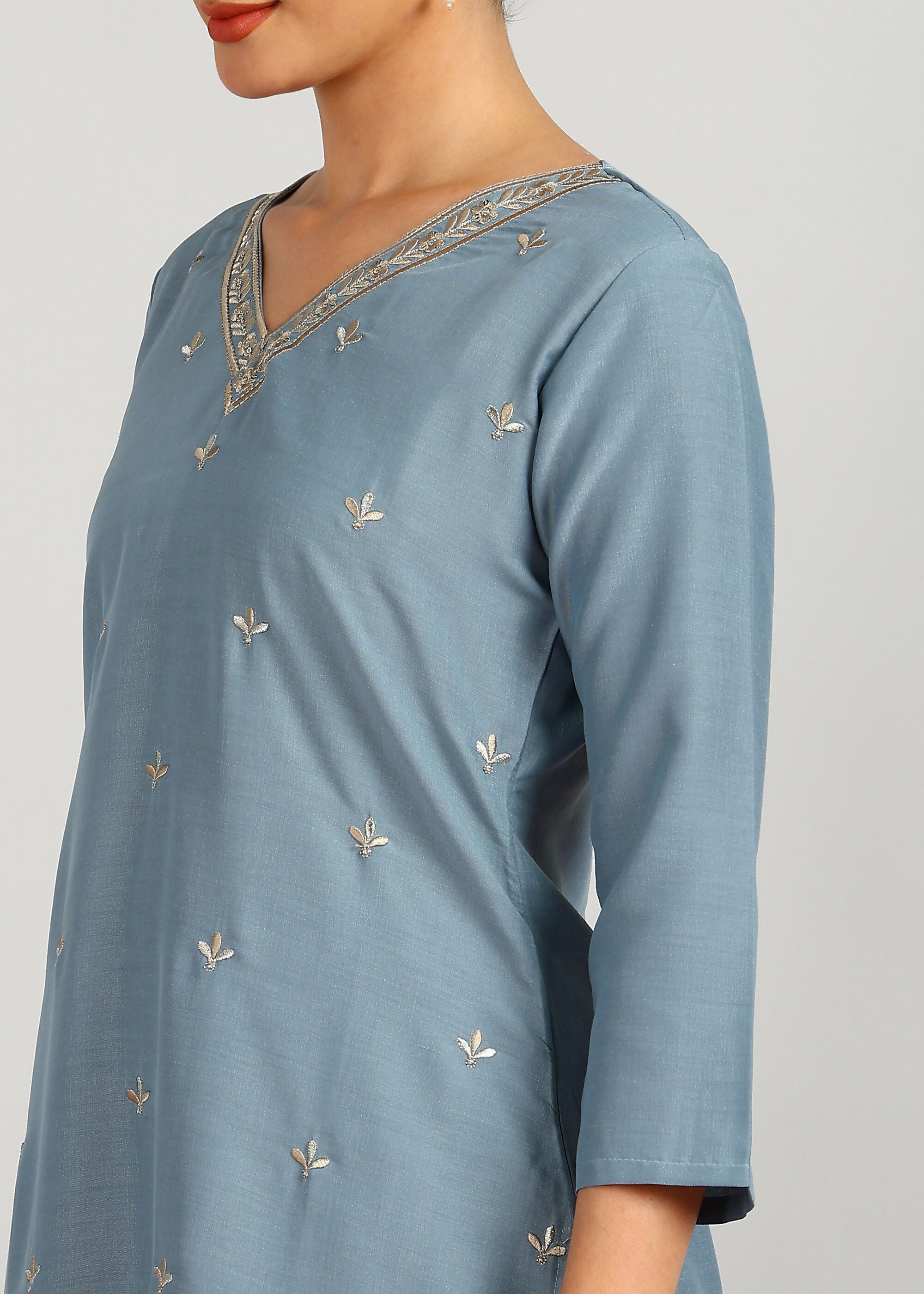 Aavyora Women's Sky Grey Embroidered Kurta Set with Dupatta