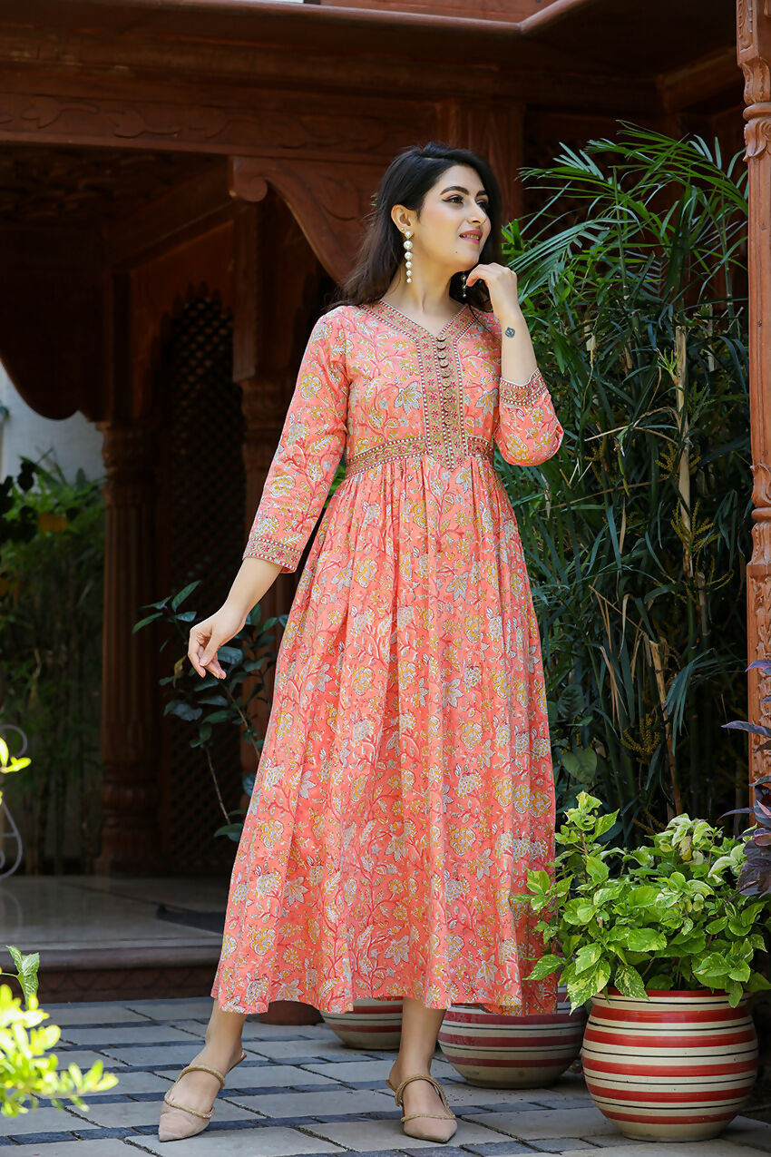 Kaajh Women's Light Orange Floral Handblock Printed Cotton Dress - Distacart