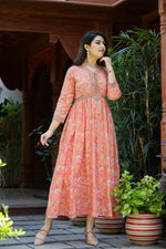 Thumbnail for Kaajh Women's Light Orange Floral Handblock Printed Cotton Dress - Distacart