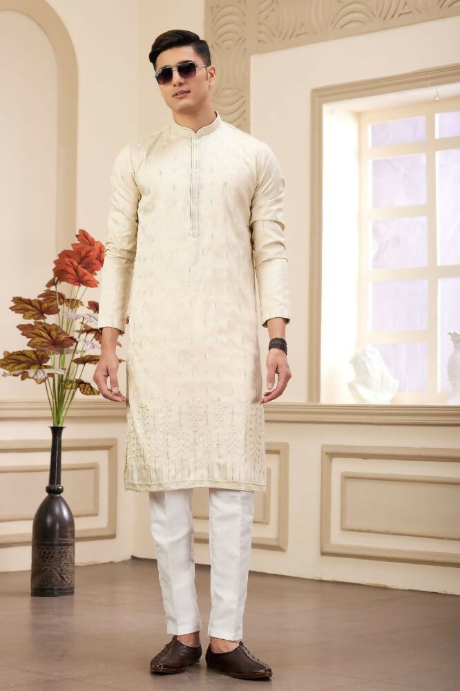 Raivat Ethnic Art Silk Thread Work Kurta Pajama In Beige Colour