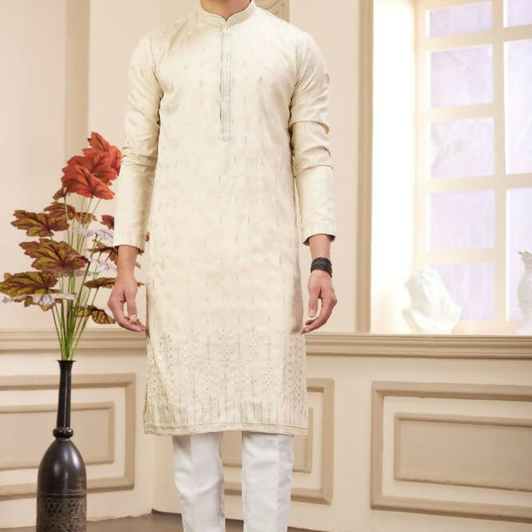 Raivat Ethnic Art Silk Thread Work Kurta Pajama In Beige Colour