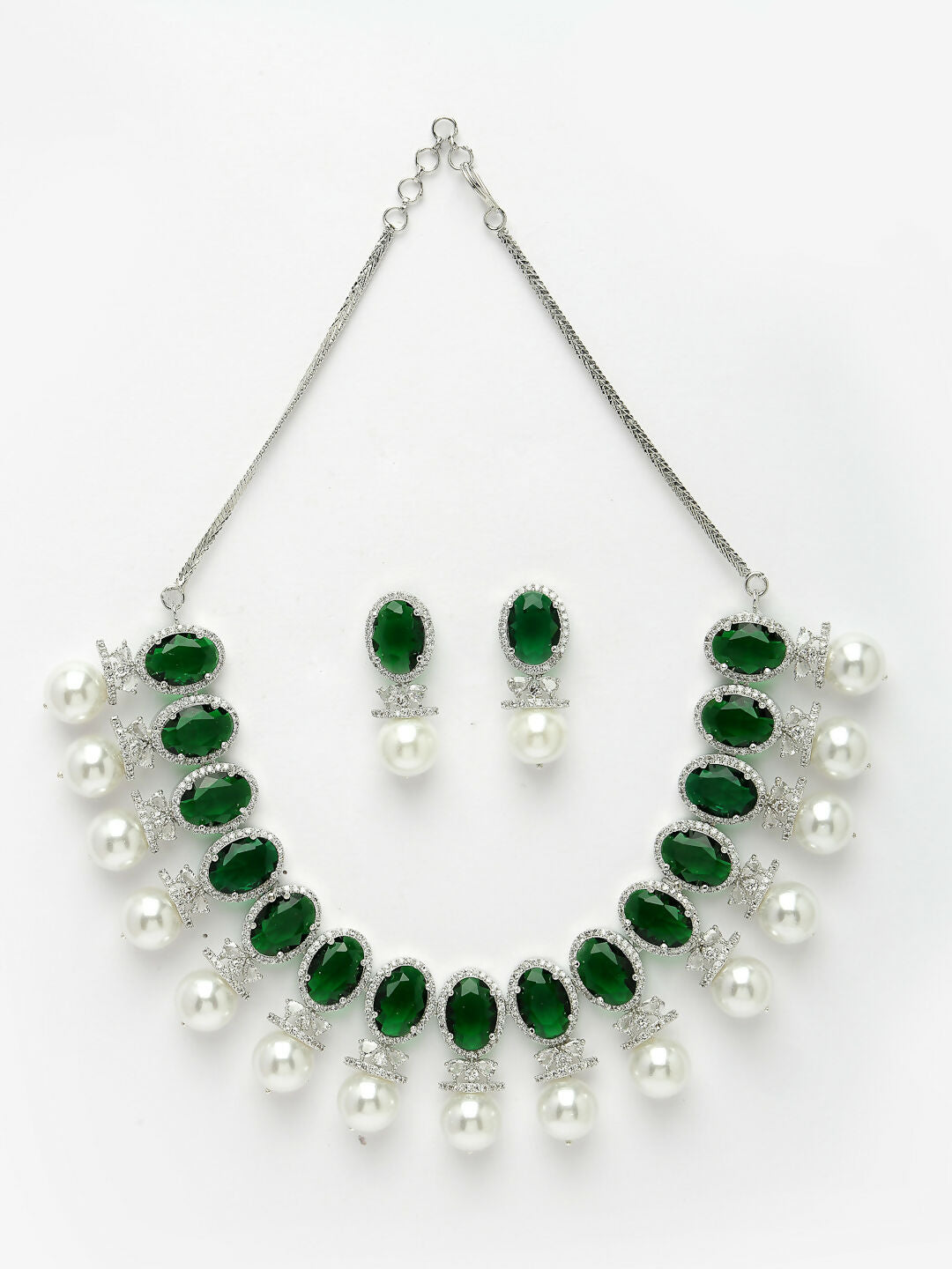 NVR Women's Silver-Plated Green American Diamond Studded Handcrafted Jewellery Set - Distacart