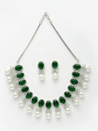 Thumbnail for NVR Women's Silver-Plated Green American Diamond Studded Handcrafted Jewellery Set - Distacart