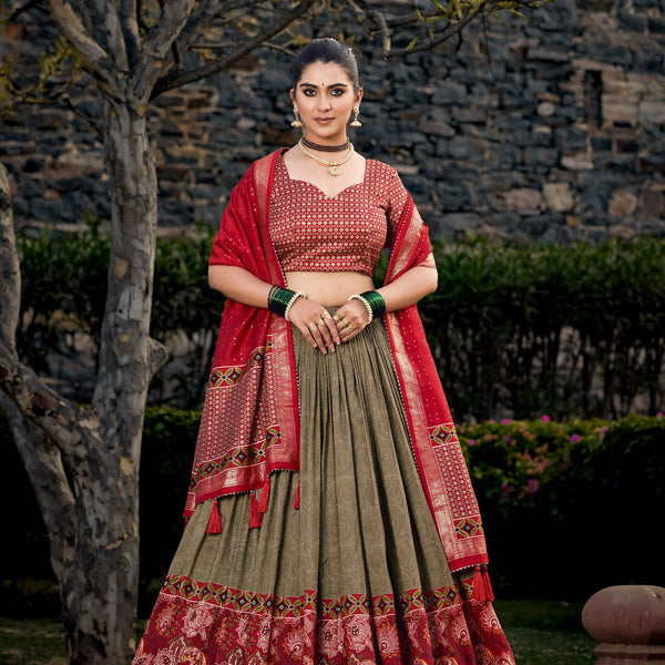 Vastranavya Floral Print With Foil Print Tussar Silk Lehenga With Unstitched Blouse - Mehendi - Distacart