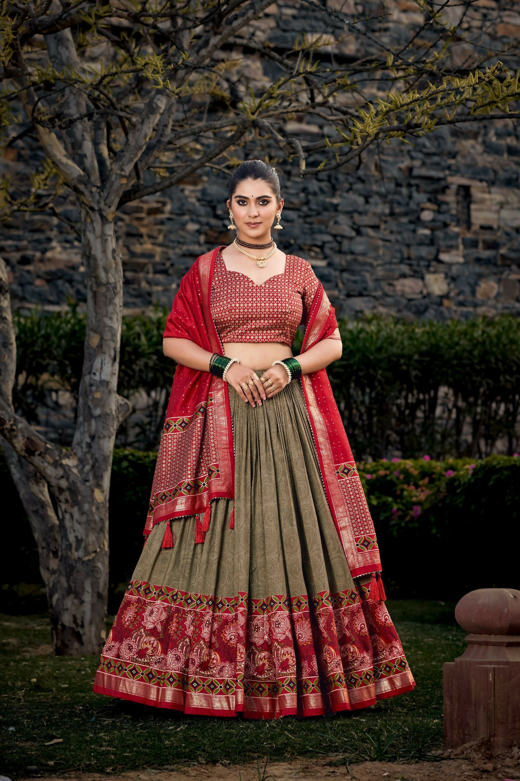 Vastranavya Floral Print With Foil Print Tussar Silk Lehenga With Unstitched Blouse - Mehendi - Distacart
