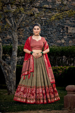 Thumbnail for Vastranavya Floral Print With Foil Print Tussar Silk Lehenga With Unstitched Blouse - Mehendi - Distacart