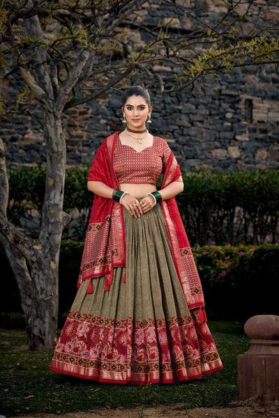 Vastranavya Floral Print With Foil Print Tussar Silk Lehenga With Unstitched Blouse - Mehendi - Distacart
