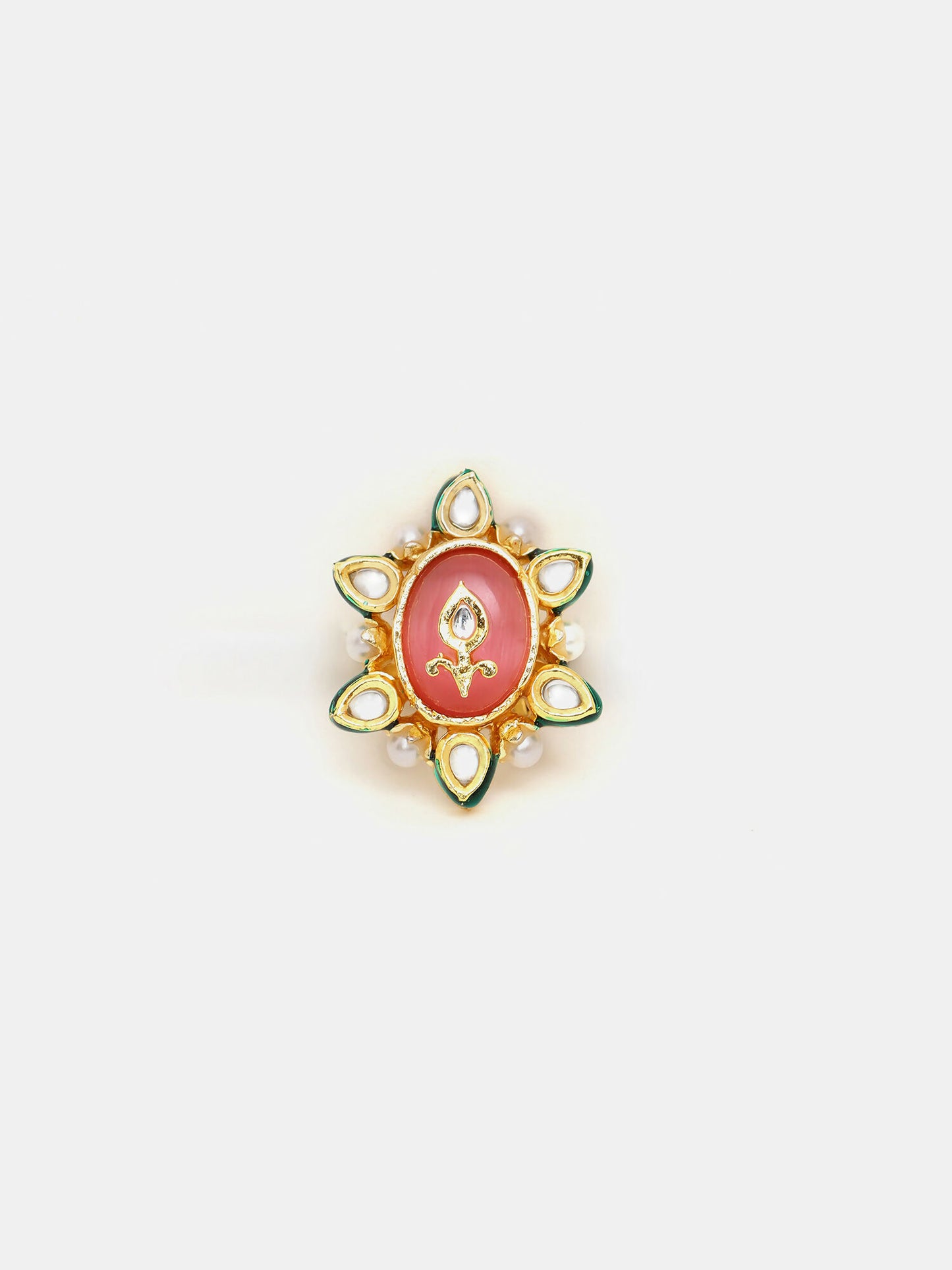 Ruby Raang Gold Polished Peach Kundan Cocktail Ring - Dista