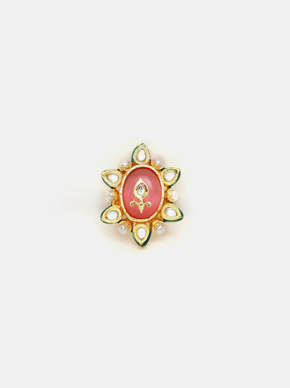 Ruby Raang Gold Polished Peach Kundan Cocktail Ring - Dista