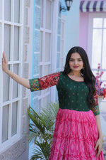 Thumbnail for Jyoti Fashion Women's Pink Patola with Foil Print Dola Silk Anarkali Dress - Distacart