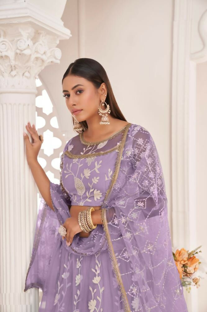Aastha Fashion Lavender Butterfly Net White Cotton Thread Work, Zari Work And Sandwich Sequence Work Embroidery Wedding Wear Lehenga Choli - Distacart