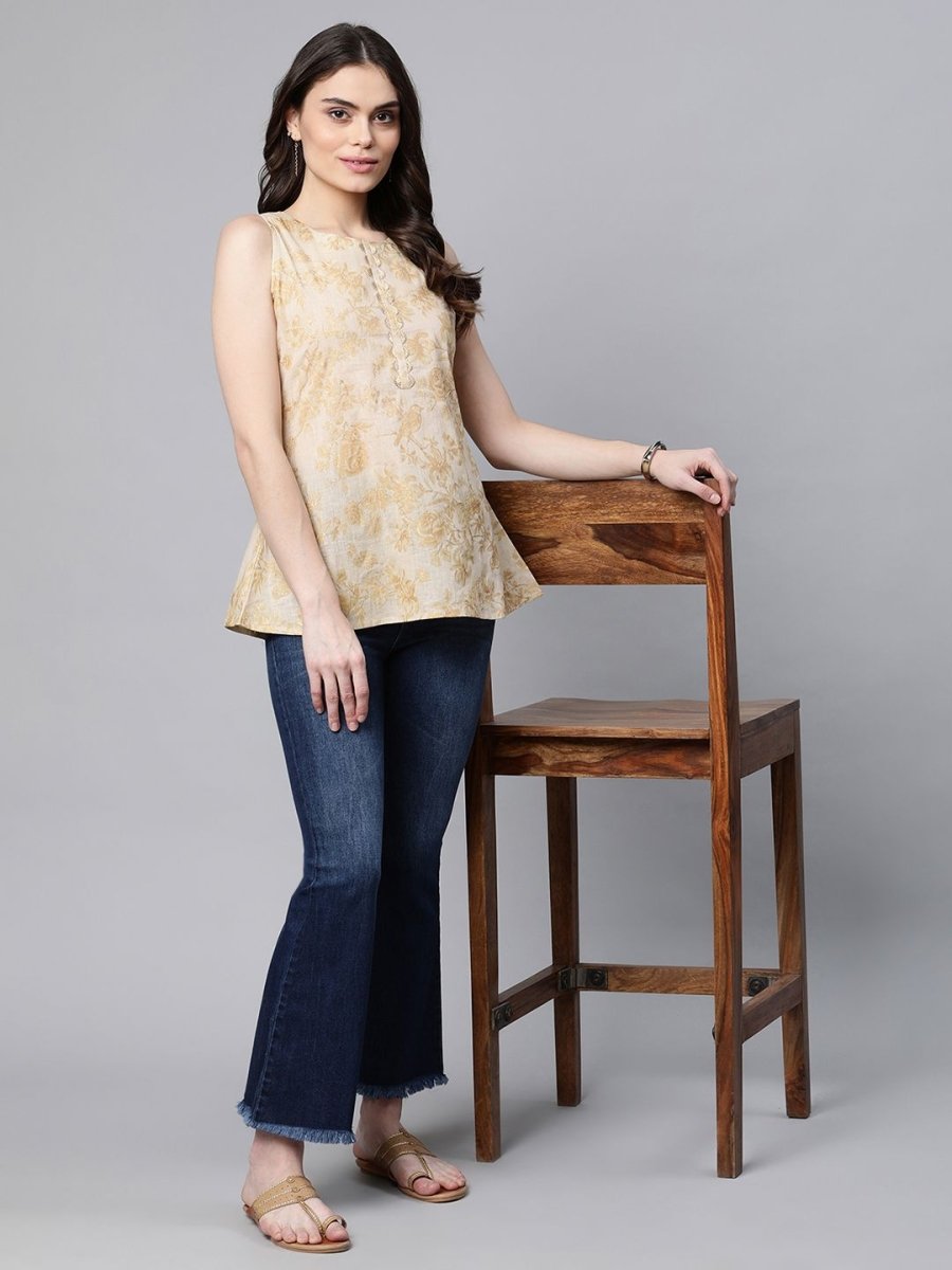 Ahalyaa Women Beige Cotton Gold Printed Tunic - Distacart