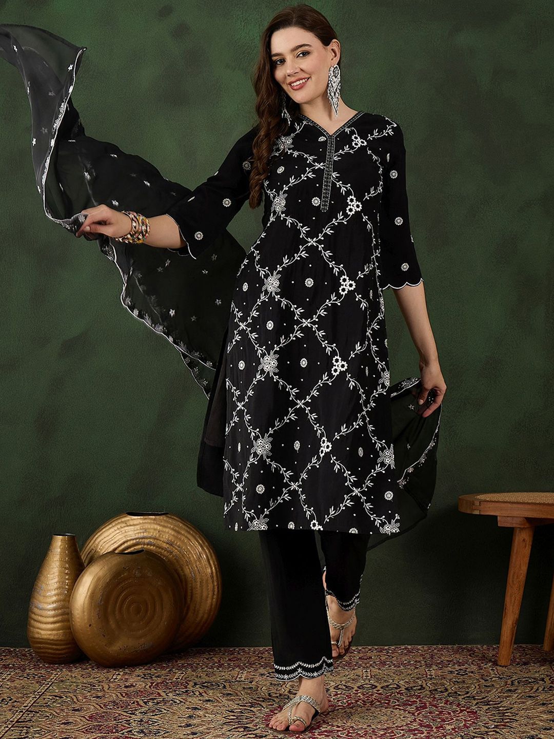 Sangria Embroidered Kurta & Trouser With Dupatta - Distacart