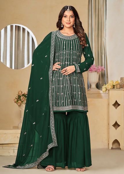 Faux Georgette Green Embroidered Gharara Style Suit - Emponline - Distacart