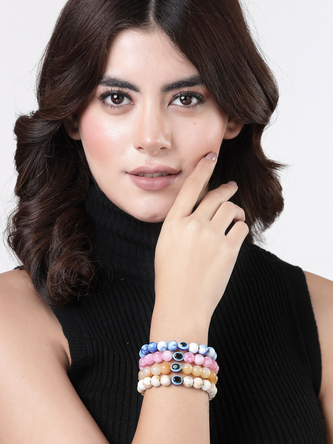 NVR Men & Women Set of 4 Artificial Beads-Beaded Evil Eye Elasticated Bracelet - Distacart