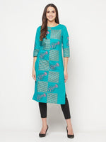 Thumbnail for Aniyah Cotton Block Print Turquoise Straight Kurta